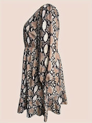  Snake Print Lantern Sleeve Smock Dress