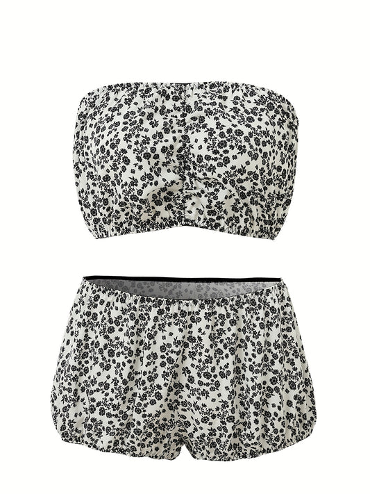  Floral Print Ruffled Bandeau & Brief Set