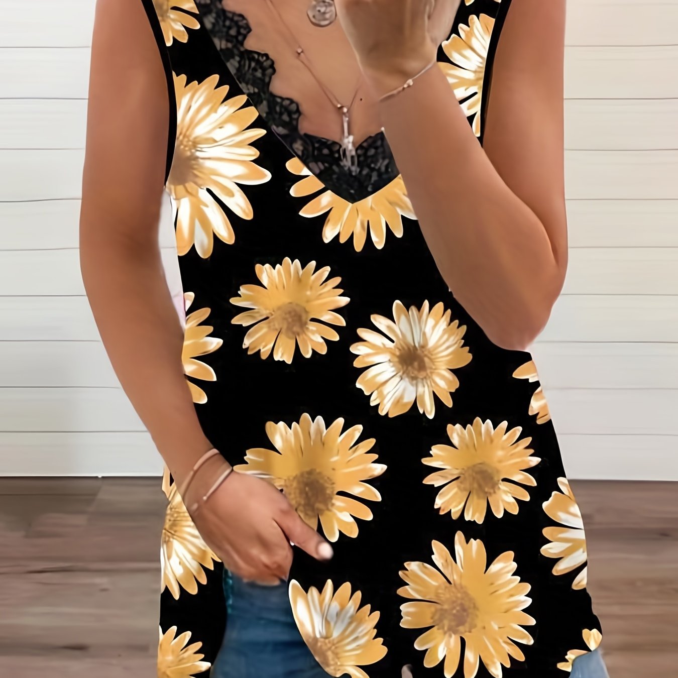  Sunflower Print Lace V Neck Tank Top