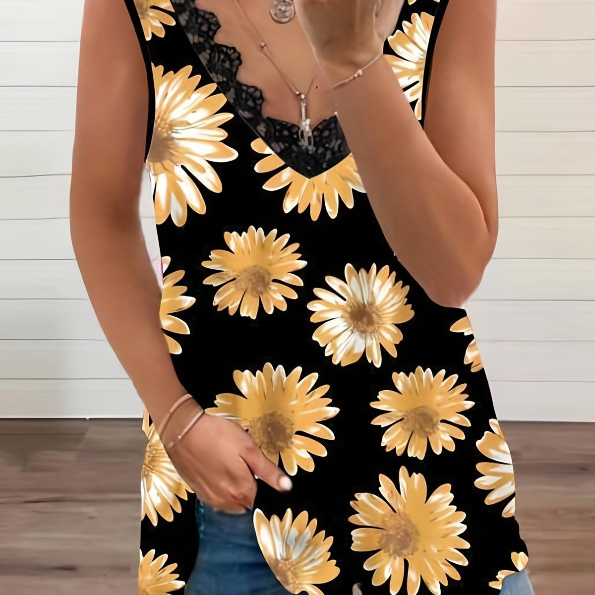  Sunflower Print Lace V Neck Tank Top
