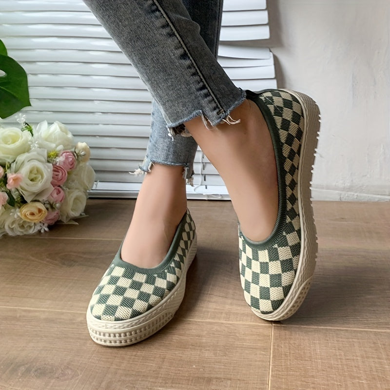 Women's Plaid Loafers Knit Slip On Shoes Comfortable Flats
