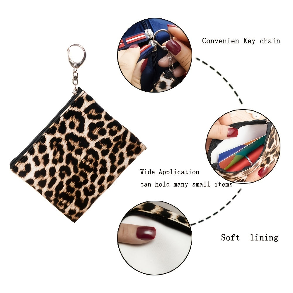 Leopard Print Cosmetic Bag Women Zipper Makeup Pouch Keychain Travel Organizer