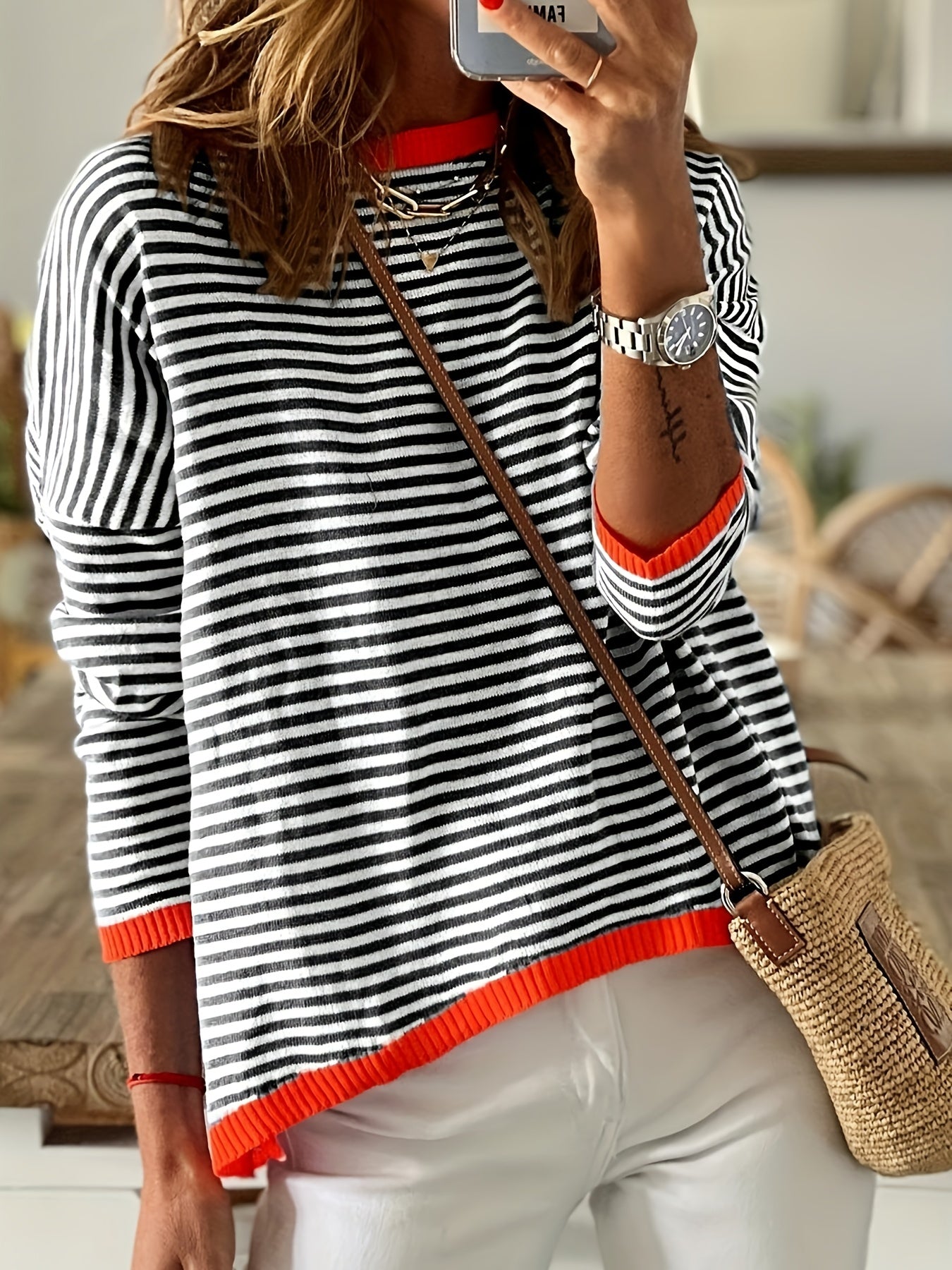 Women's Striped Crew Neck Pullover Sweater