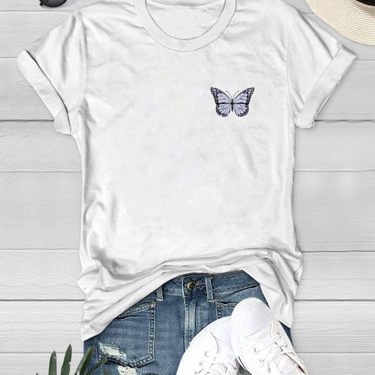 Butterfly Print Short Sleeve T shirt Crew Neck Casual Summer Top