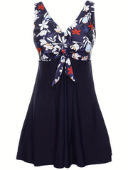  Floral Print Tankini Set with Tie Front Tank Dress & Shorts
