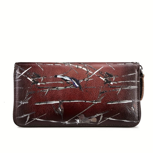 Vintage Hand Colored Leather Women's Zipper Wallet Fish Print Pattern