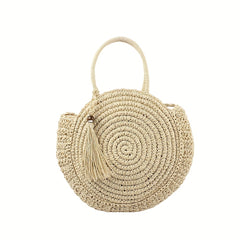 Round Straw Beach Bag Woven Boho Style Tote Bag