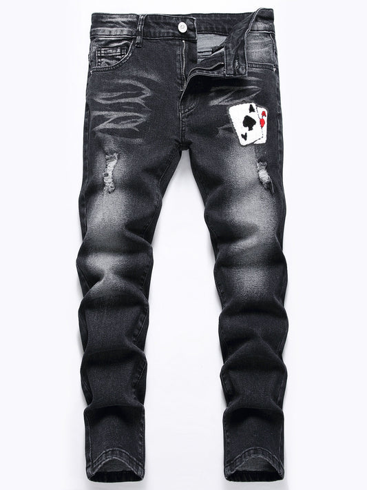 Boys Poker Card Embroidered Ripped Denim Slim Fit Jeans
