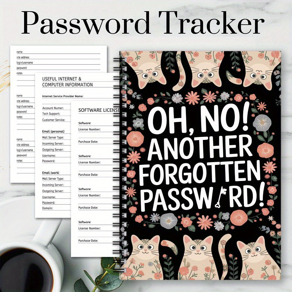 Cat & Floral Password Organizer Notebook 70 Pages Spiral Bound