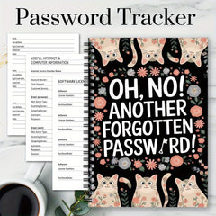 Cat & Floral Password Organizer Notebook 70 Pages Spiral Bound