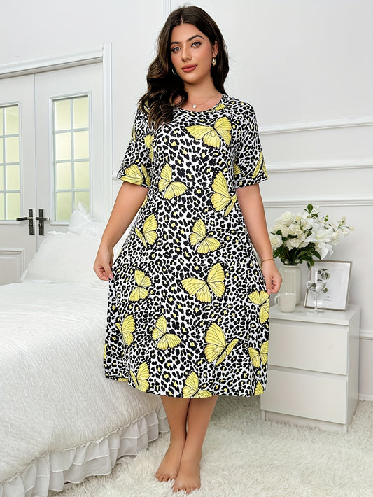  Casual Nightdress Leopard & Butterfly Print High Stretch Sleep Dress