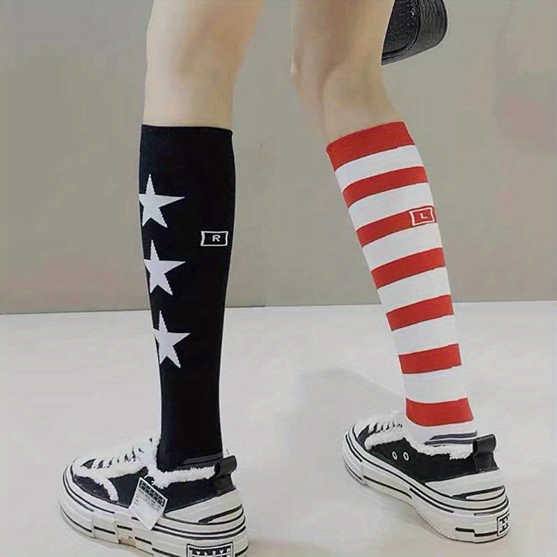 Star & Striped Print Calf Socks Elastic Knee High Stockings