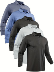 5 Pcs Men's Custom Fit Long Sleeve Shirts Quick Drying Golf Shirt Tennis