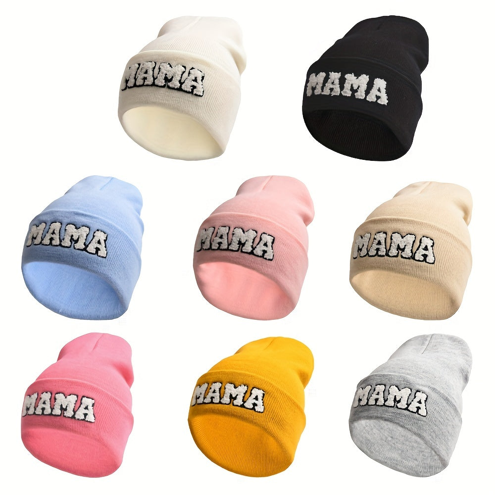 MAMA Patch Beanie Solid Knit Hat Skull Cap Coldproof Beanies Ski Hats For Women