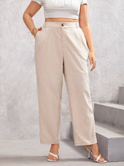 Women's Plus Solid Button Front Straight Leg Loose Trousers