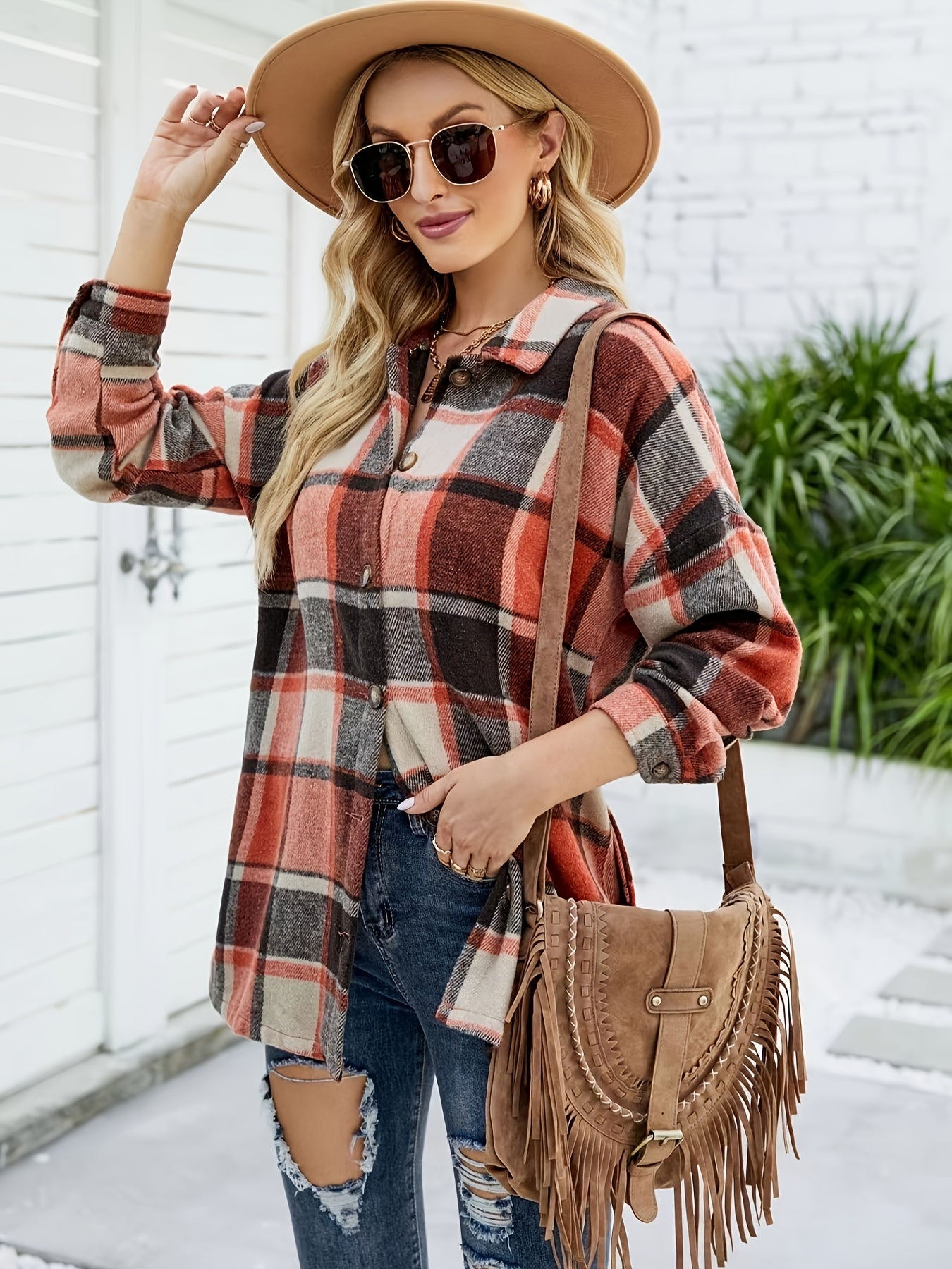  Plaid Print Long Sleeve Button Up Shacket