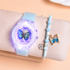2pcs Girls' Butterfly Watches Set Silica Gel Strap & Plastic Case