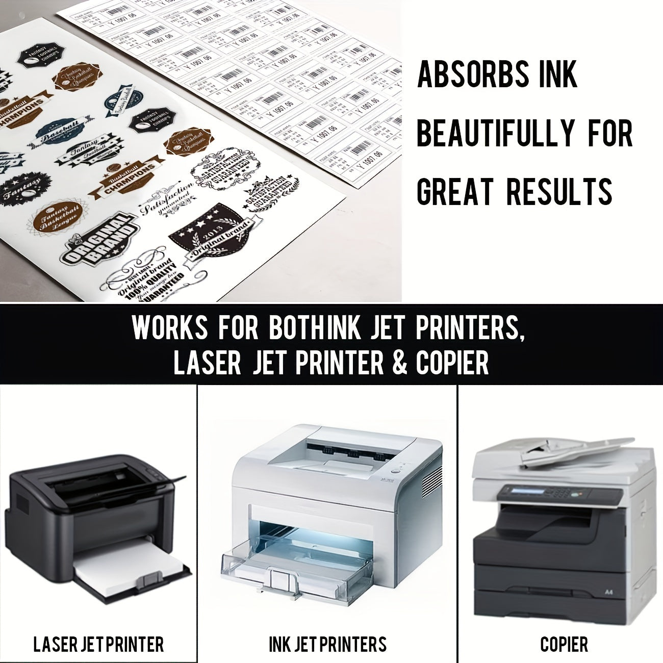 50 Sheets A4 Glossy Sticker & Label Paper for Printers Bright Quick Drying
