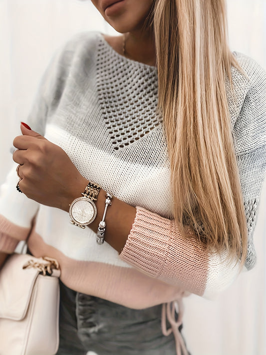  Colorblock Pointelle Drop Shoulder Sweater