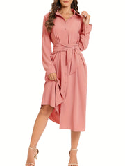 Button Belted Shirt Dress With Pocket Long Sleeve Dress