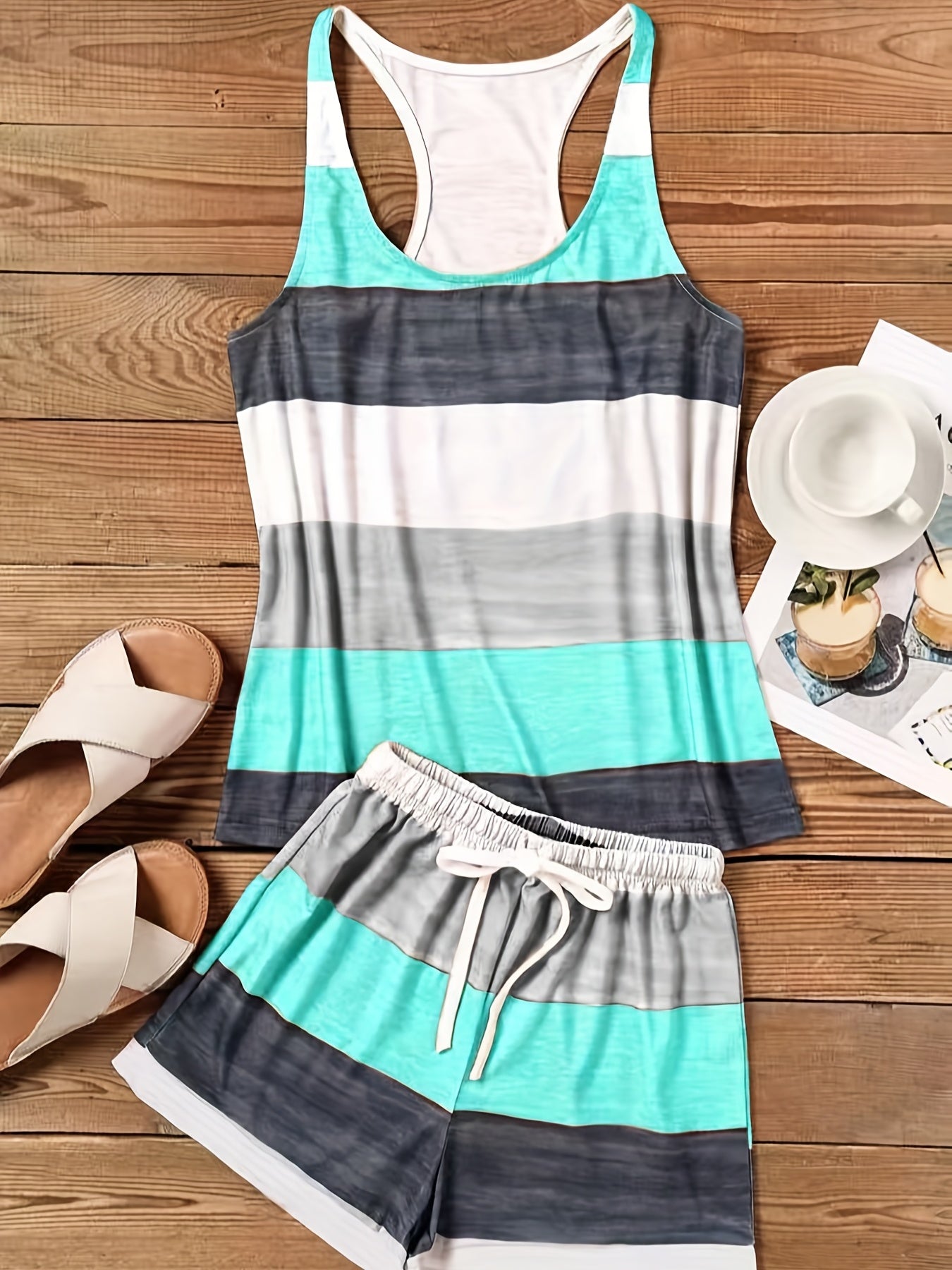 Striped 2pc Set Tank Top & Elastic Waist Shorts Outfit Women's Clothing