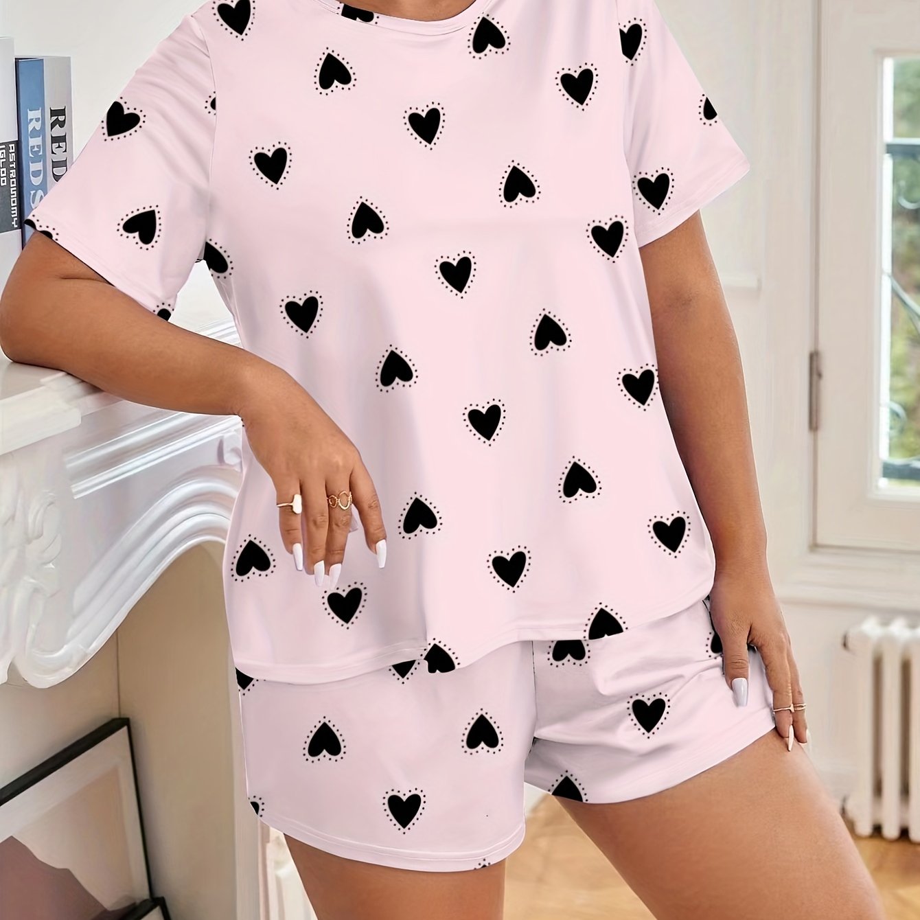  Heart Print Tee & Shorts Loungewear Set