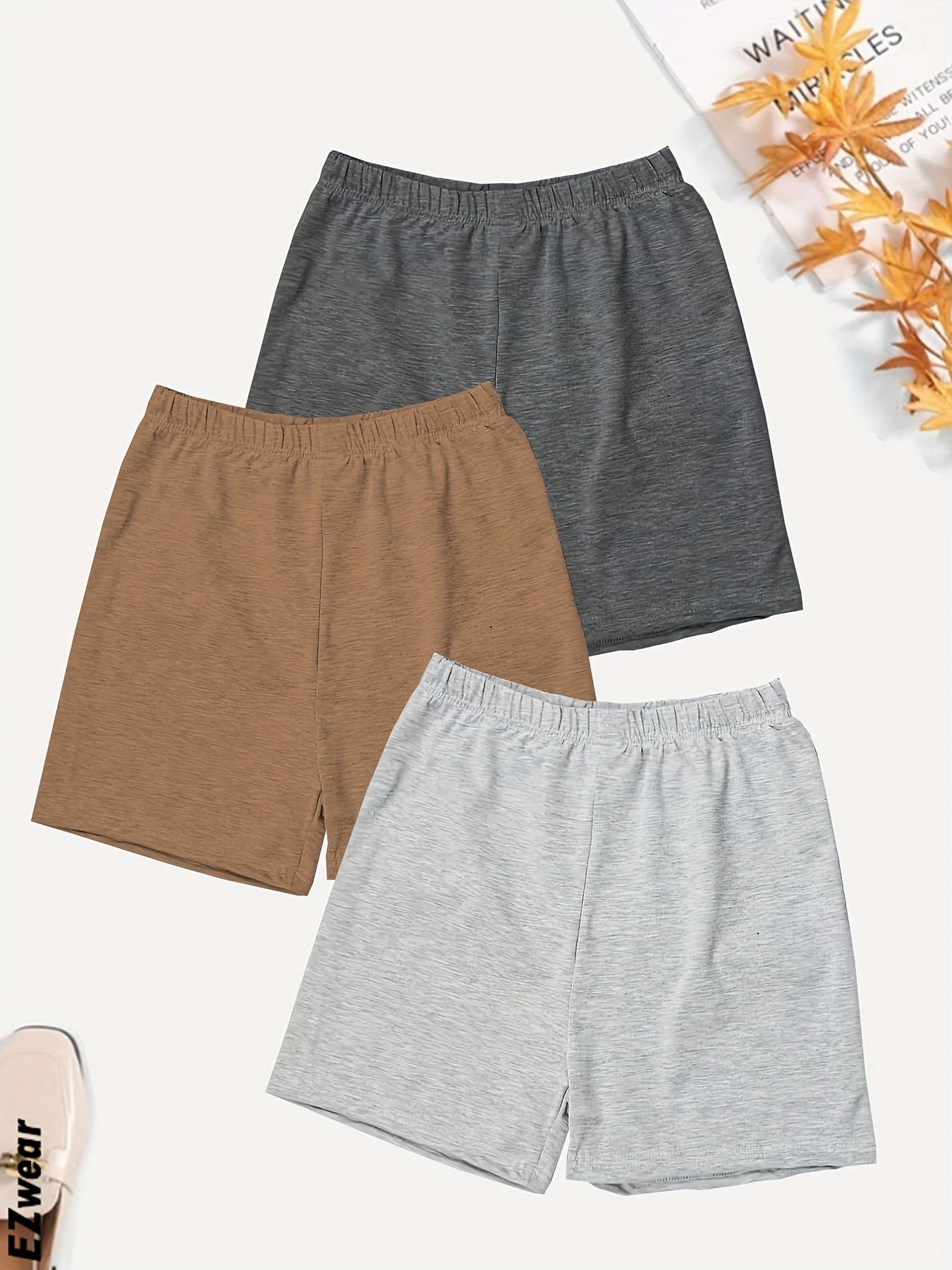 Solid Elastic Waist Shorts 3 Pack Wide Leg Casual Workout Versatile Shorts