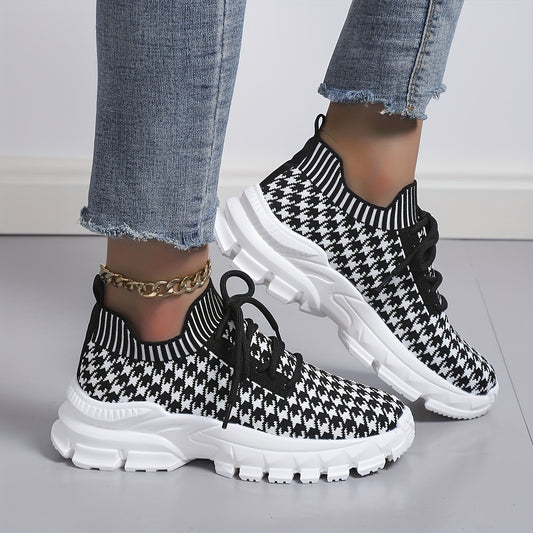 Women's Houndstooth Pattern Lace Athletic Sneakers Non slip Running Shoes