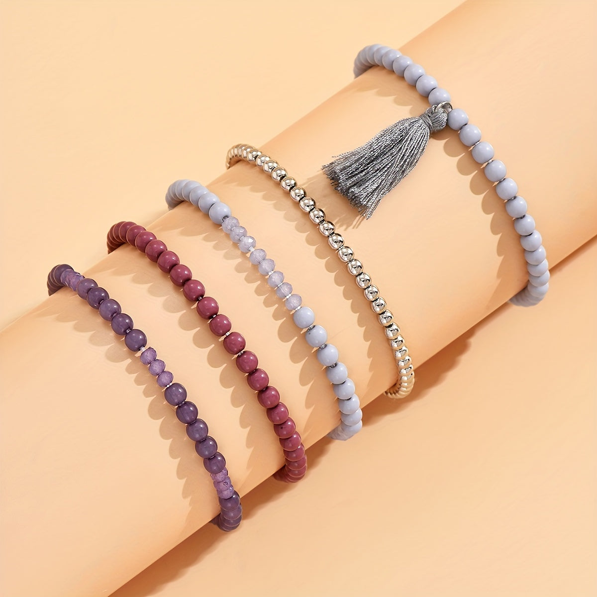 Boho Tassel Pendant Beaded Bracelet Set Hand Jewelry 5 Pcs