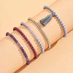 Boho Tassel Pendant Beaded Bracelet Set Hand Jewelry 5 Pcs