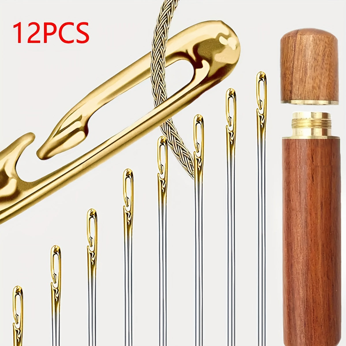 12pcs Hand Sewing Needles Big Eye Hole Wooden Storage Box