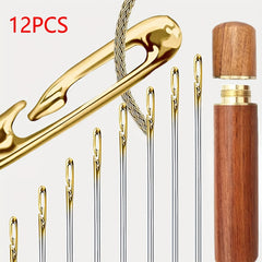 12pcs Hand Sewing Needles Big Eye Hole Wooden Storage Box