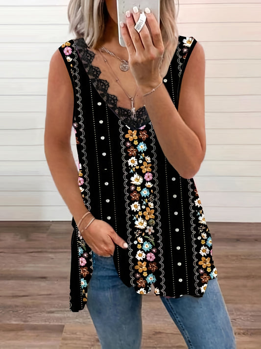  Floral & Stripe Print V Neck Tank Top