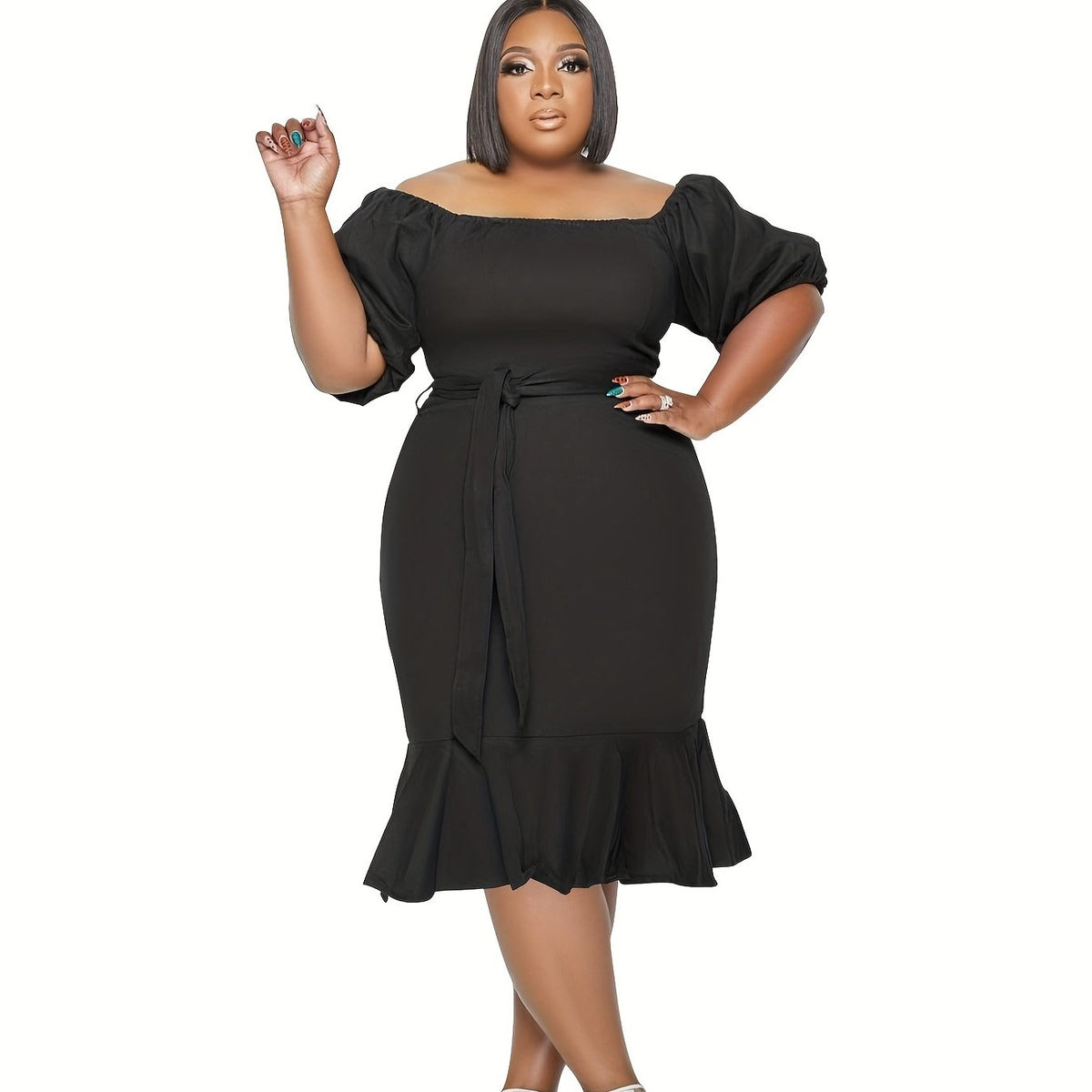  Solid Off Shoulder Bubble Sleeve Dress