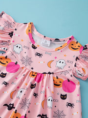Pumpkin Halloween Dress Flying Sleeve Comfort Fit Girls Vacation Party Casual