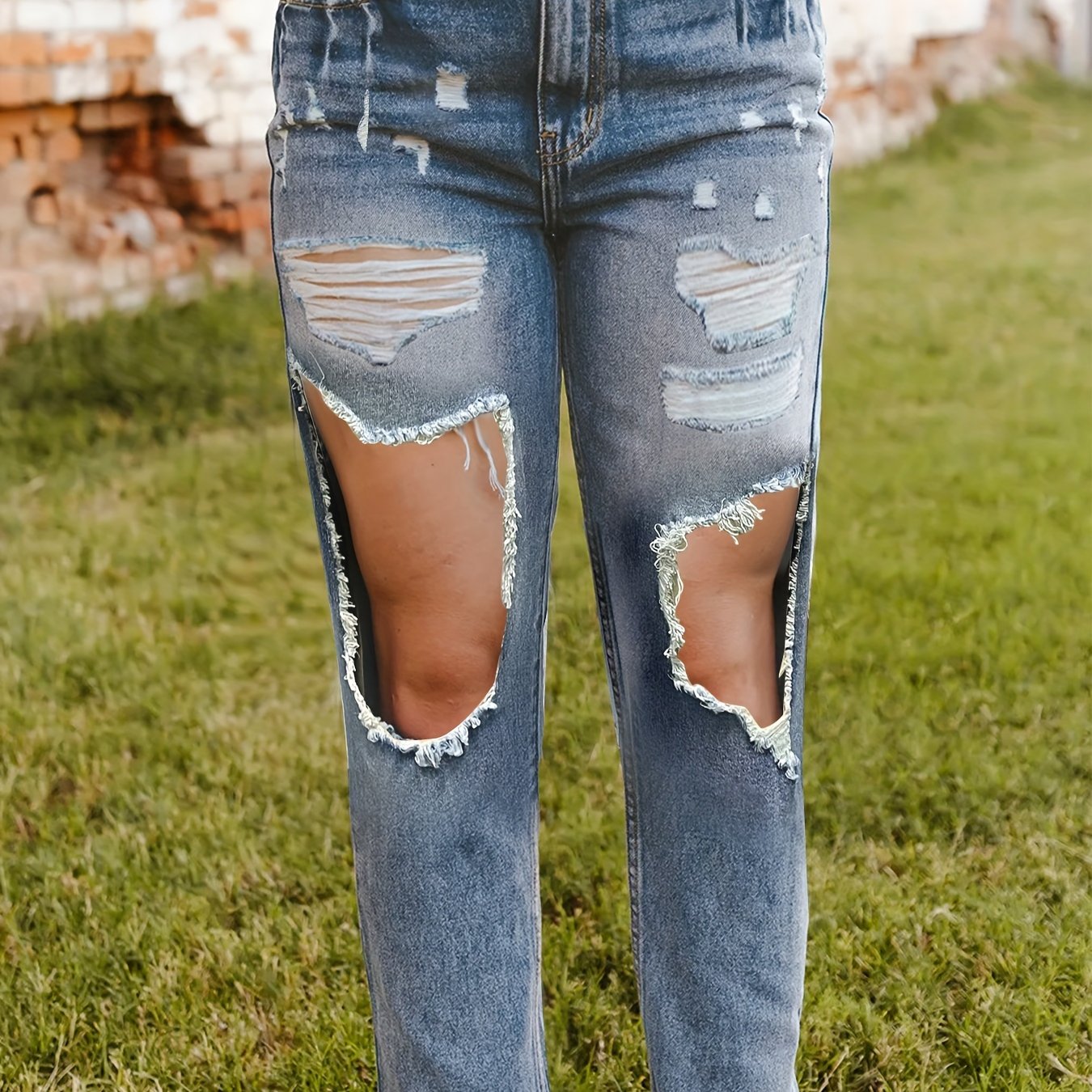  Casual Jeans Women's Plus Washed Ripped Cut Out Button