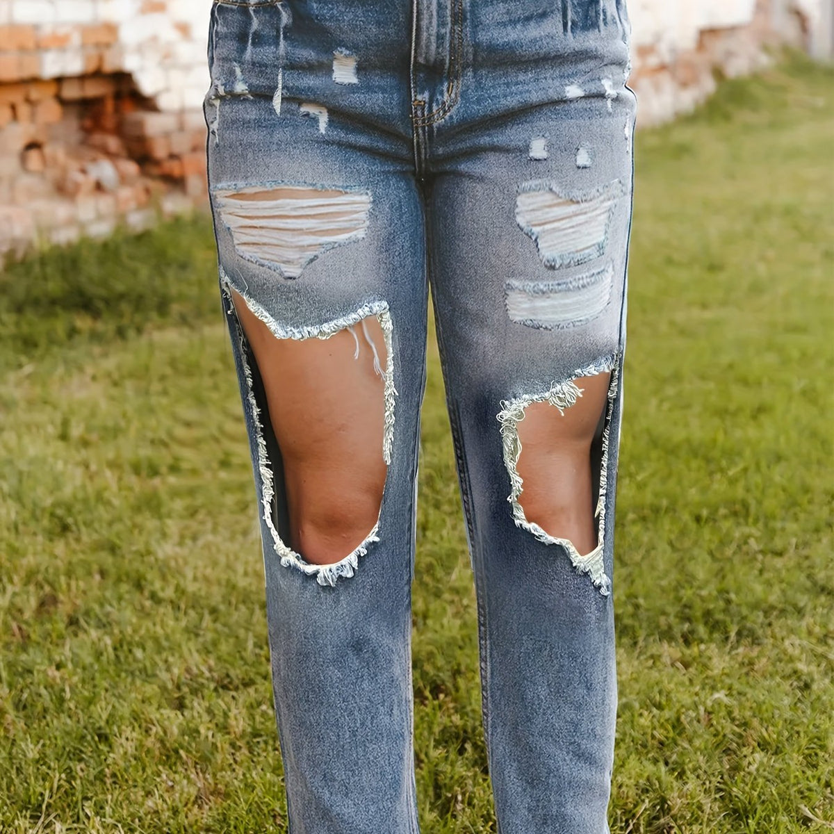  Casual Jeans Women's Plus Washed Ripped Cut Out Button