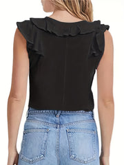  Casual Tank Top Women's Plus Plain Ruffle Trim V Neck