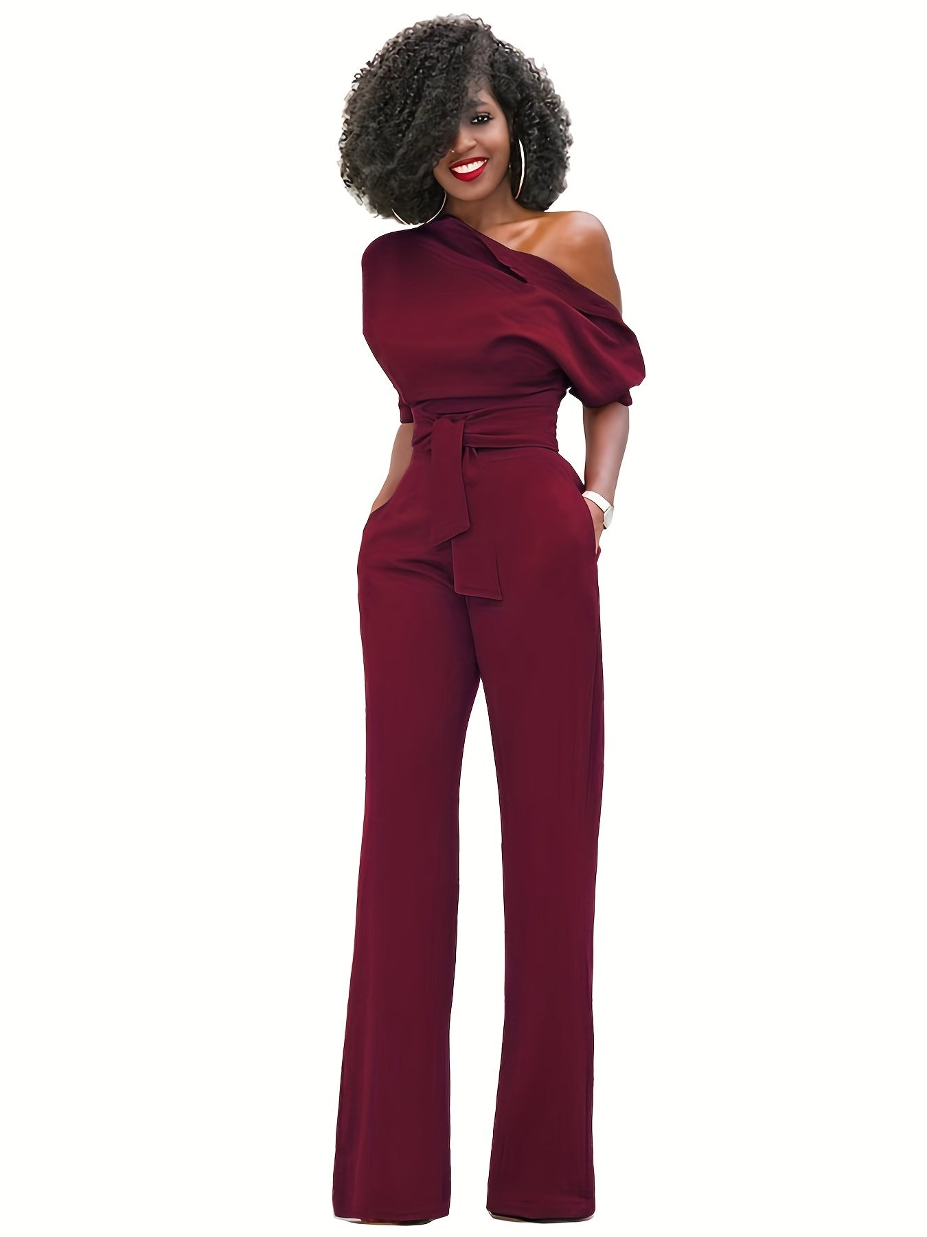 Slanted Shoulder Wide Leg Jumpsuit High Waist Casual