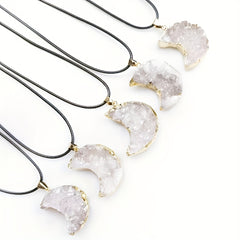Natural Crystal Stone Moon Pendant Necklace Rough Stone Electroplated