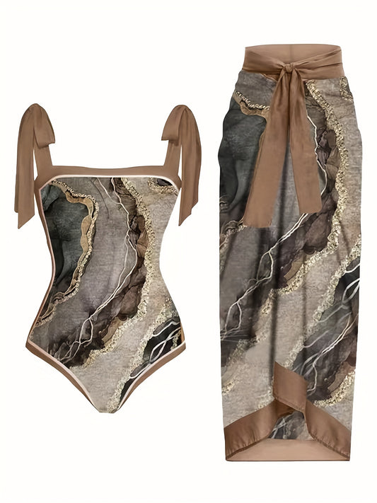 Ombre Tummy Control Two Pieces Swimsuit With Cover Up Skirt