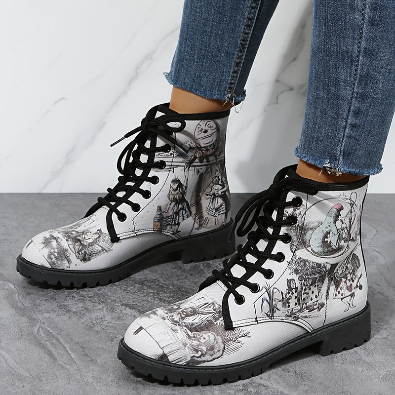 Gothic Style Print Ankle Boots Chunky Low Heel Lace Up Round Toe Combat Shoes