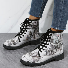 Gothic Style Print Ankle Boots Chunky Low Heel Lace Up Round Toe Combat Shoes