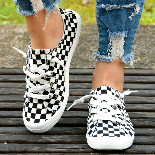 Women's Checkerboard Flat Canvas Shoes Lace up Low Top Casual Walking Shoes