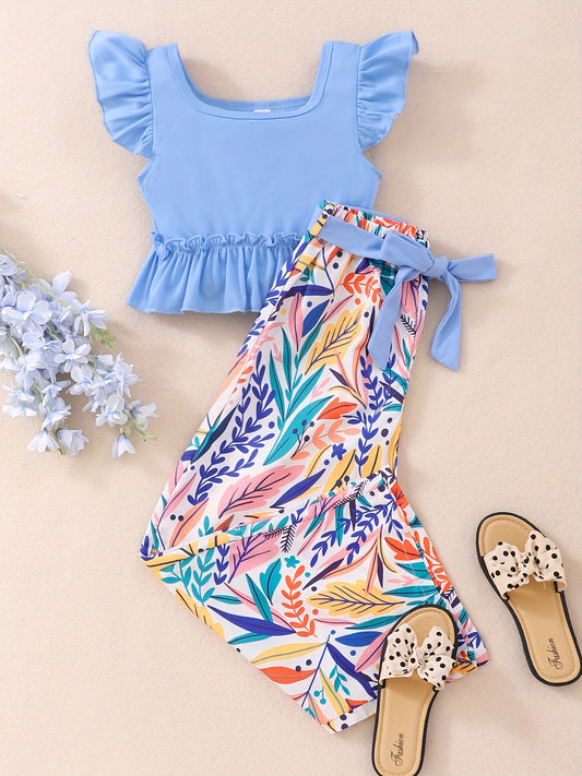 Girls Ruffle Top & Floral Print Pants 2pcs With Belt