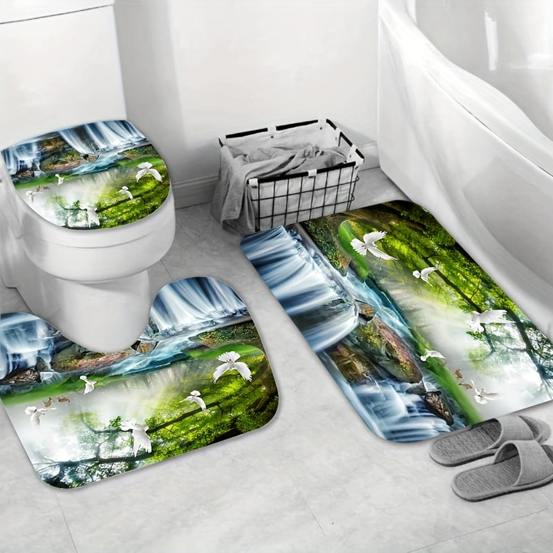 3pcs Pigeons Waterfall Landscape Shower Curtain Set
