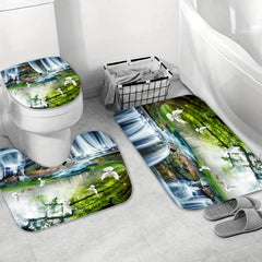 3pcs Pigeons Waterfall Landscape Shower Curtain Set
