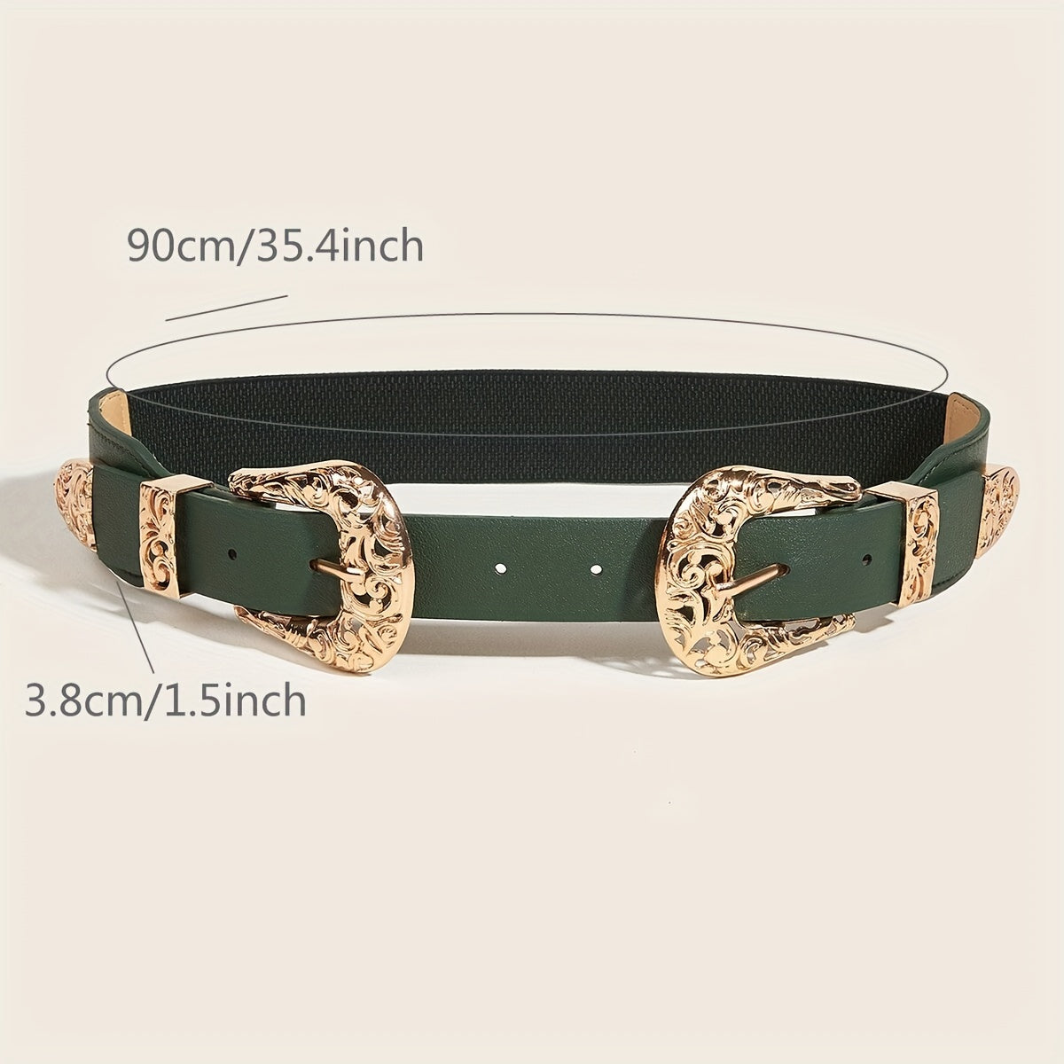 Double Carved Buckle Western Belt Vintage Dark Green Elastic Belt