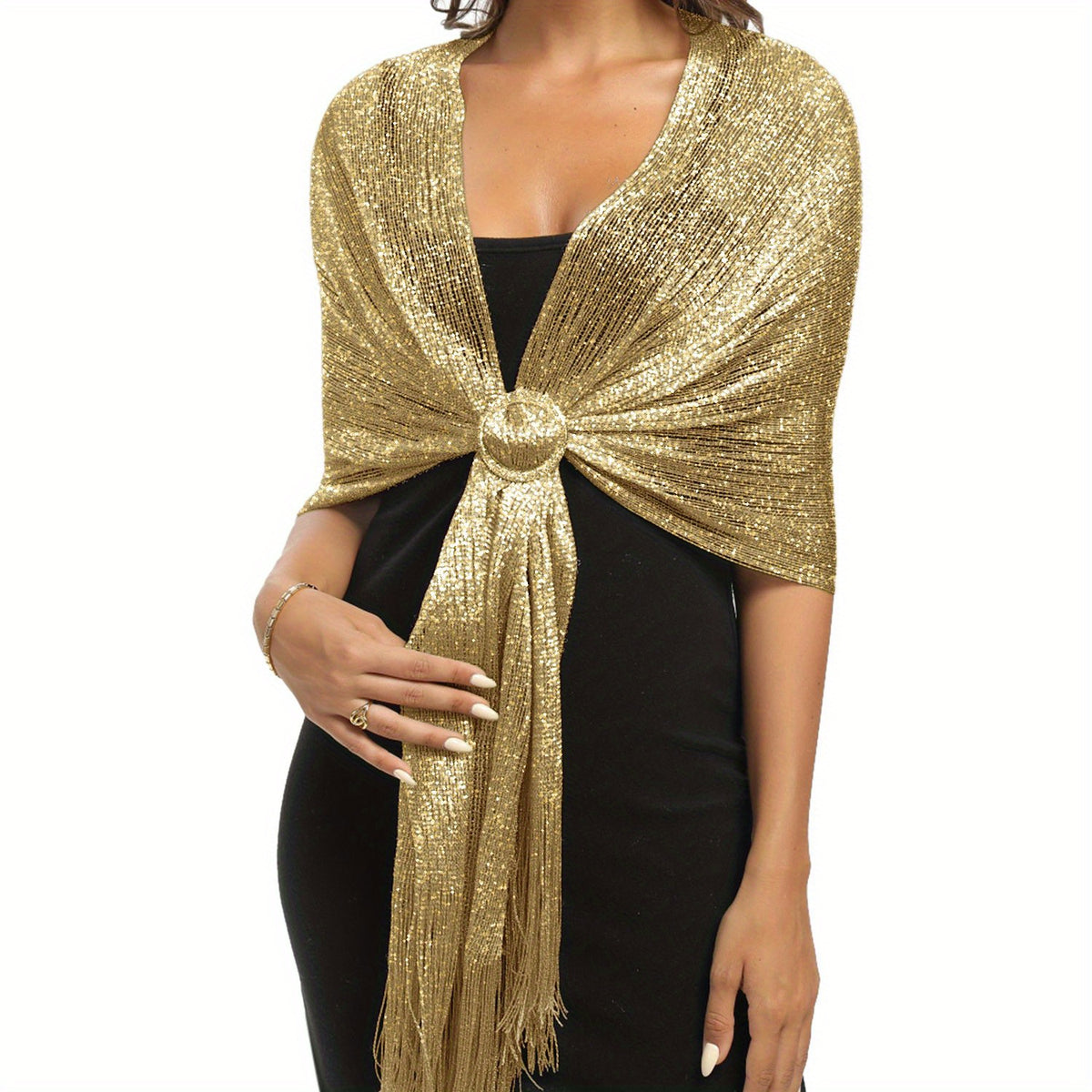 Metallic Shawls Round Buckle Tassel Wraps Scarf For Evening Party Wedding