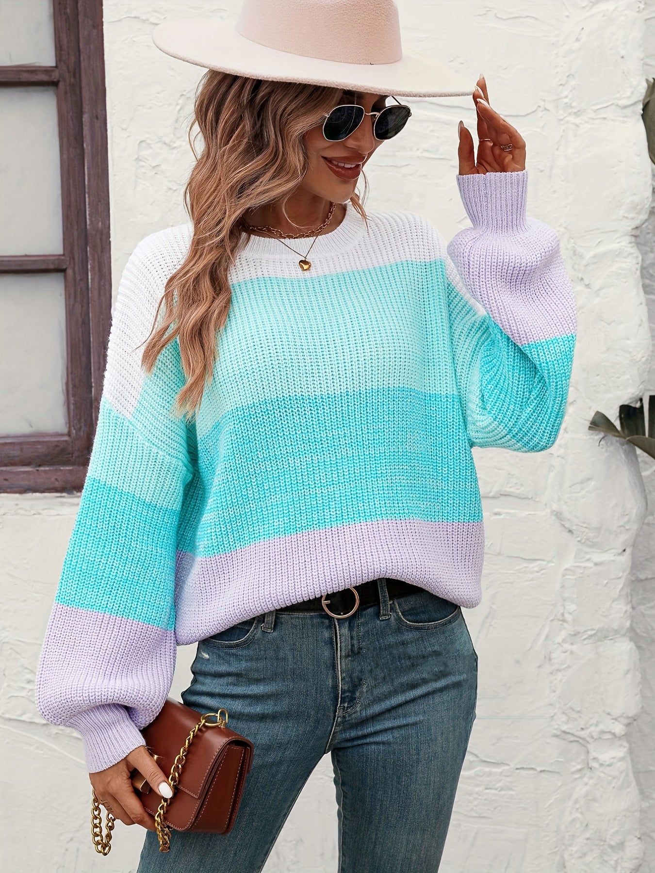  Colorblock Lantern Sleeve Round Neck Sweater